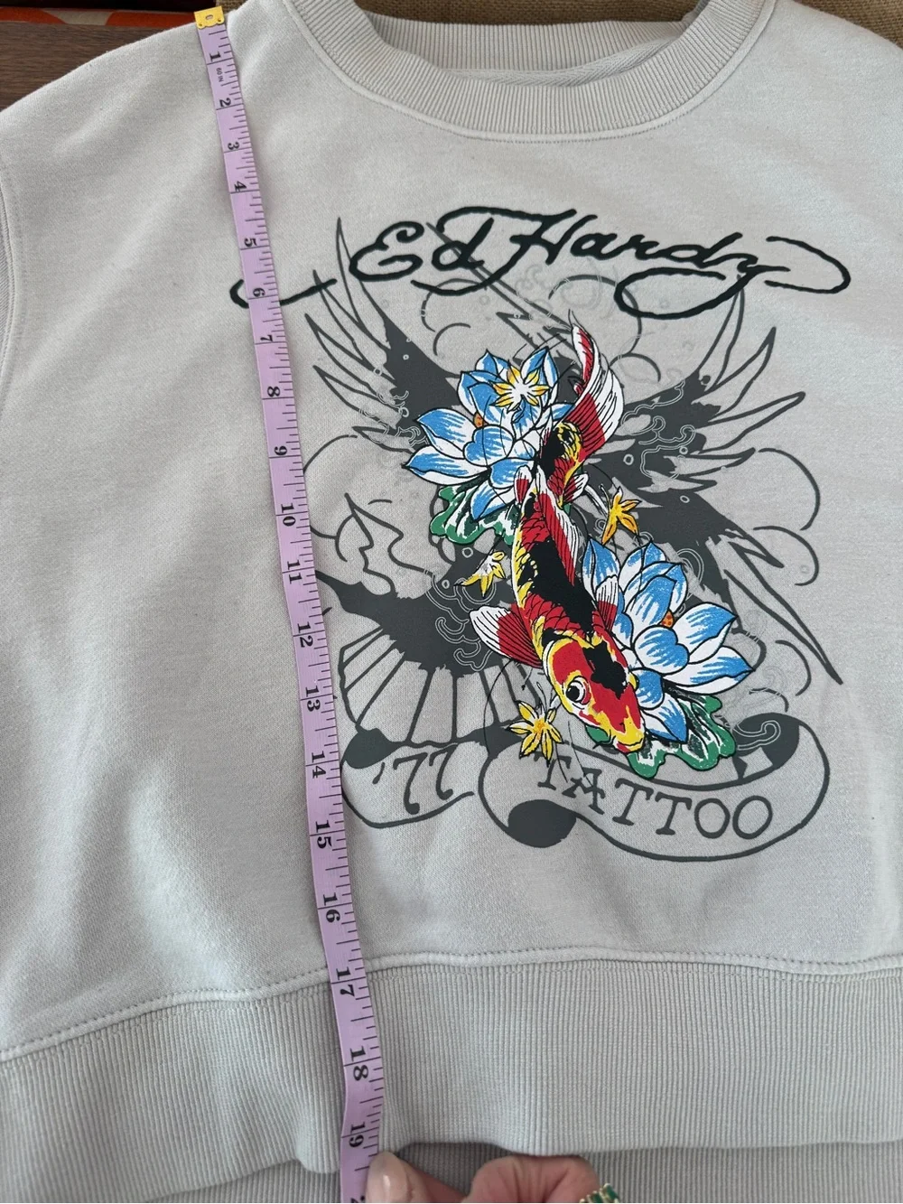 Vtg Ed Hardy Koi Fish Tattoo Graphic Sweatshirt Beige XL Y2K Streetwear